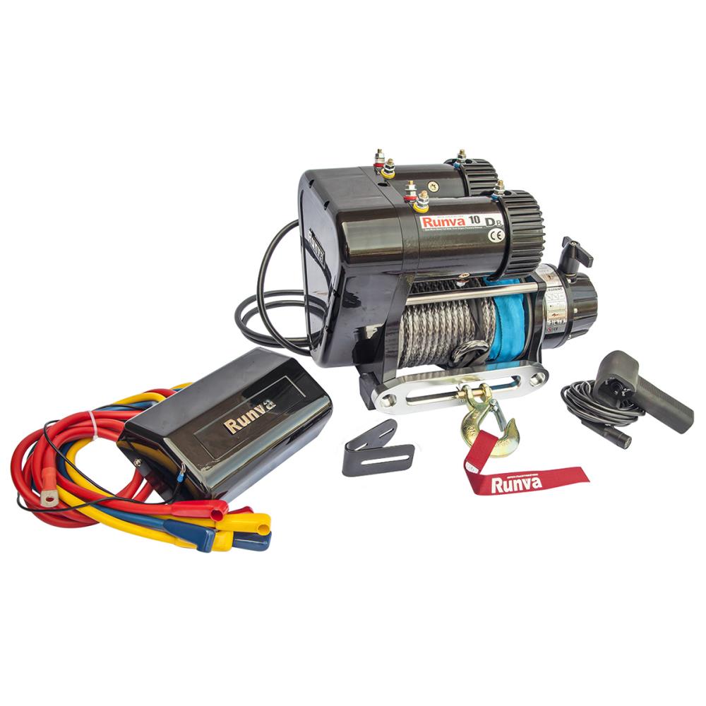 Лебёдка электрическая 12V Runva 10000 lbs 4500 кг двухмоторная (синтетический трос)